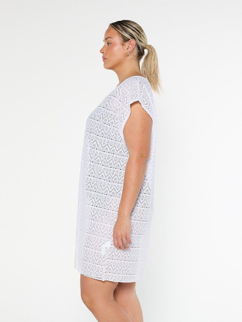 model showing side of white mesh cover up dress