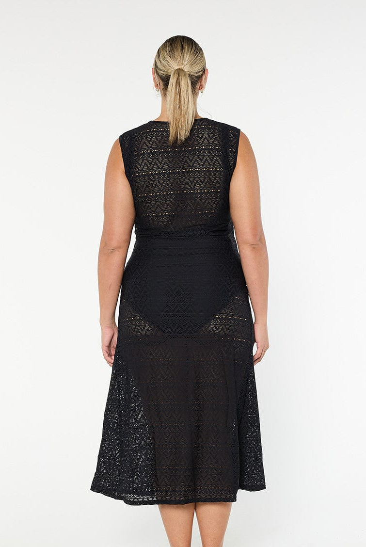 model showing back of black mesh maxi dress