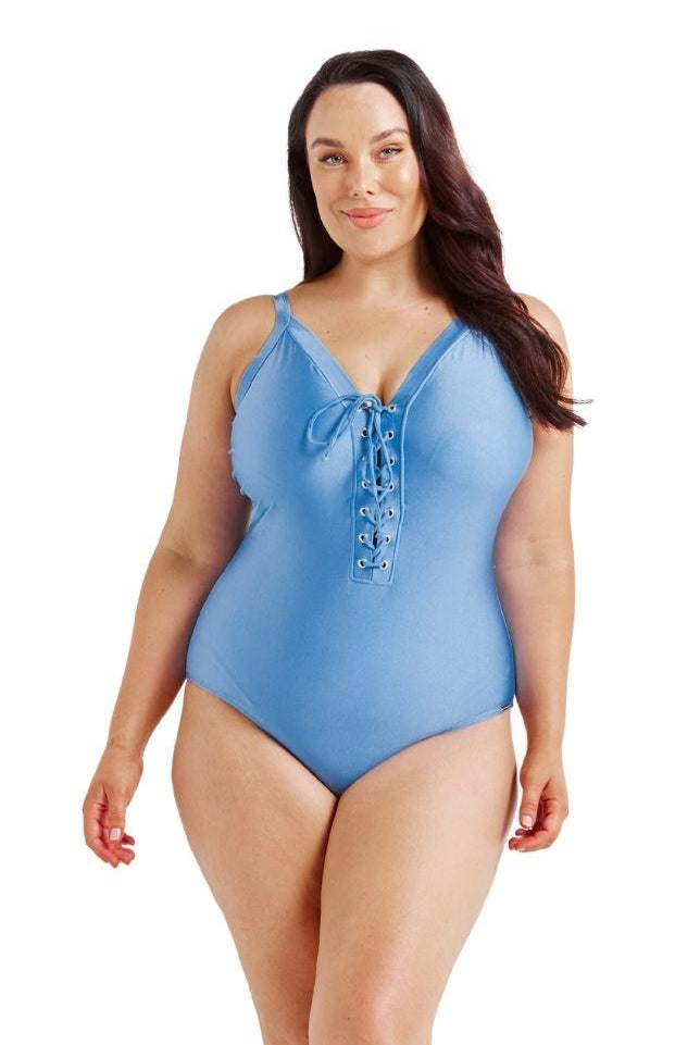 model wearing light blue swimsuit