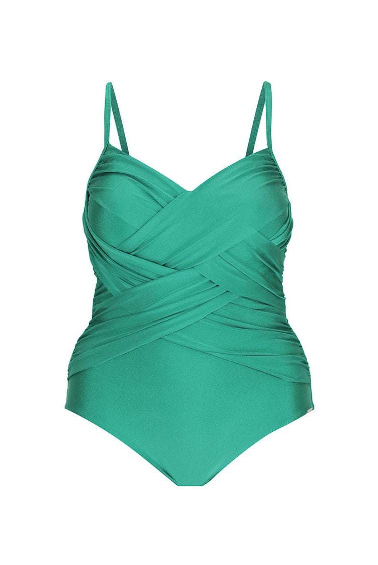 Ghost mannequin of a metallic green one piece with criss cross detail