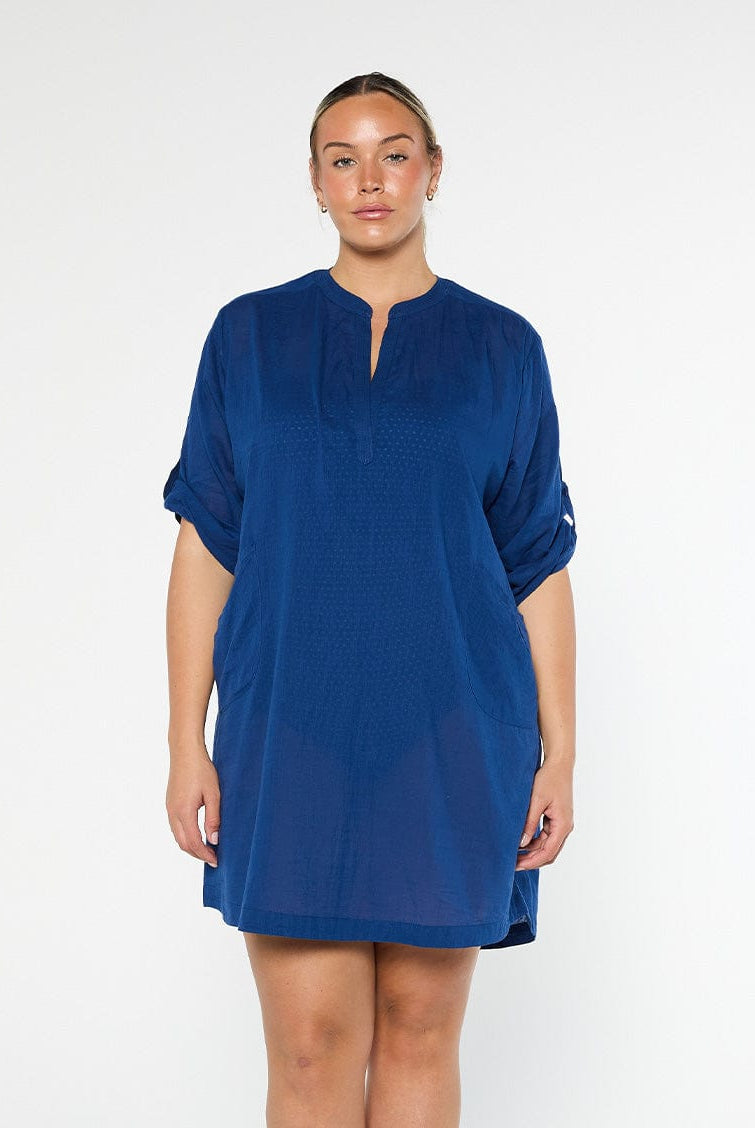 model wearing navy over shirt dress