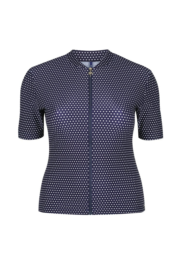 navy blue and white polka dot short sleeve rash vest