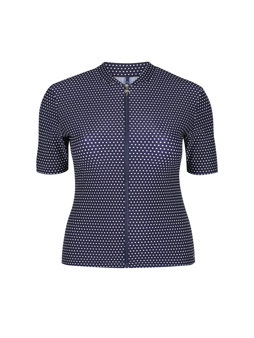 navy blue and white polka dot short sleeve rash vest
