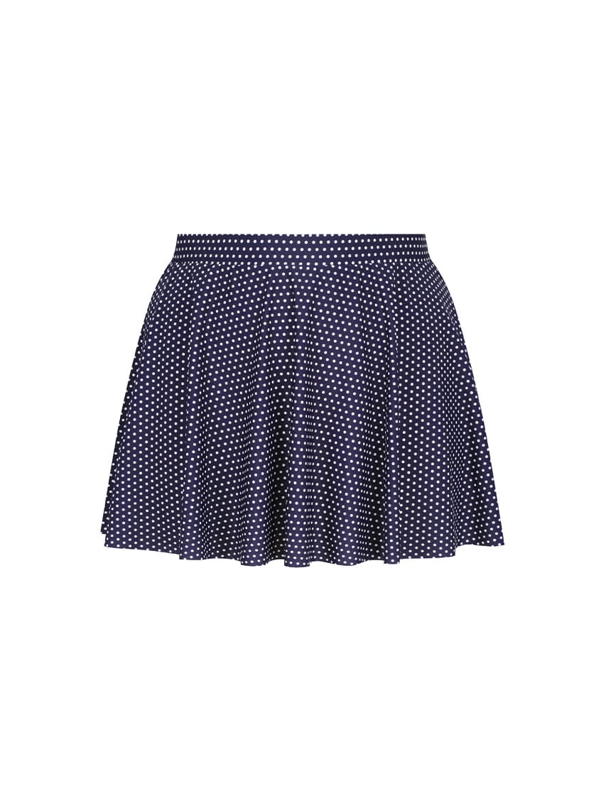 Navy blue polka dot skirt on a white background