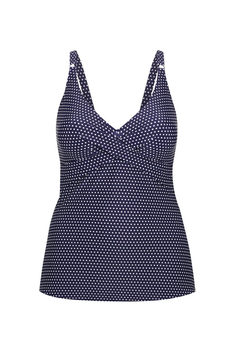 Navy blue tankini top with white polka dot pattern