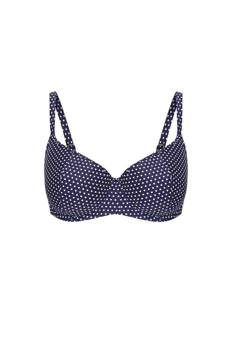 Women's navy polka dot underwire bikini top