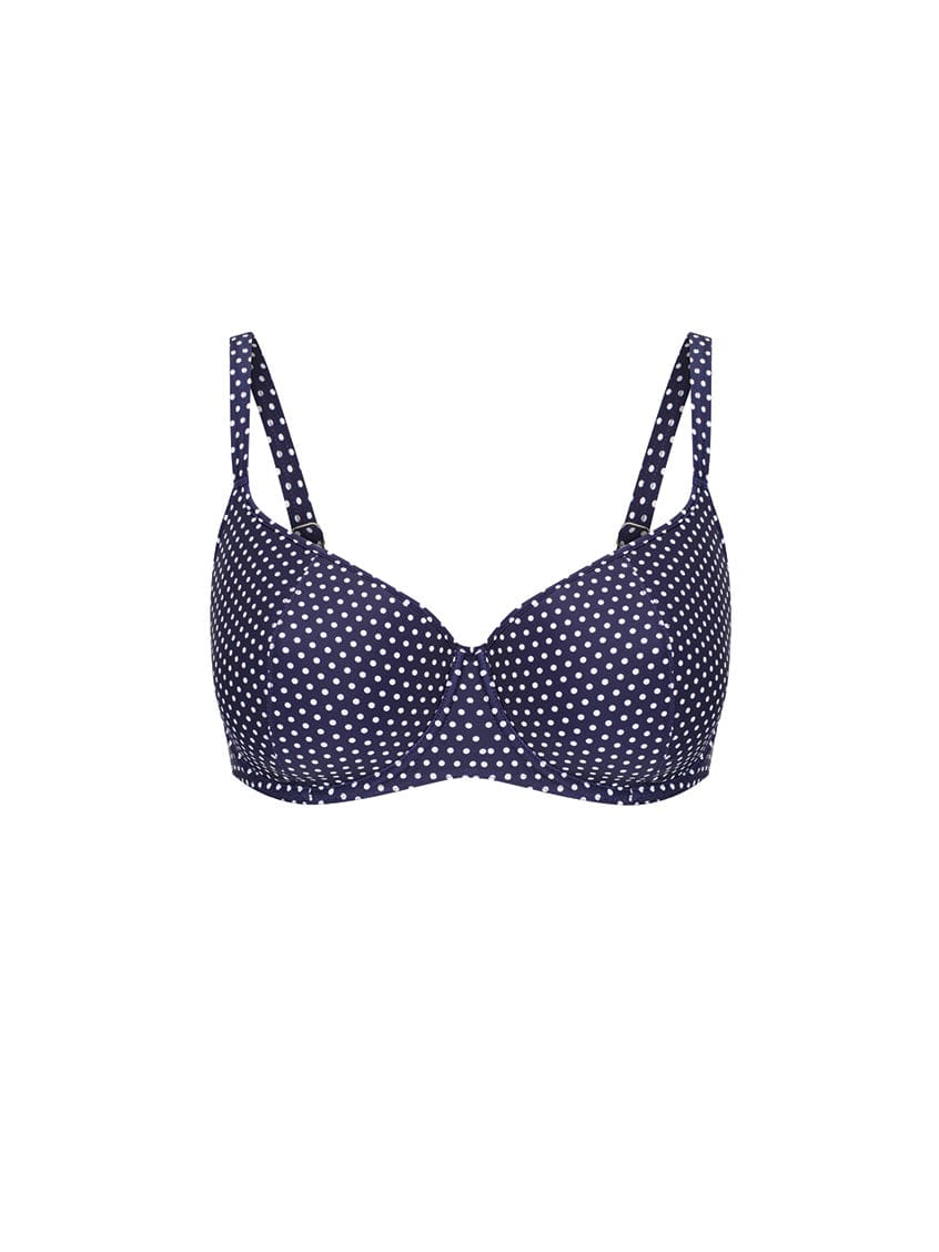 Women's navy polka dot underwire bikini top