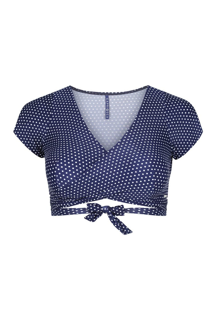 Navy blue polka dot top with a tie back