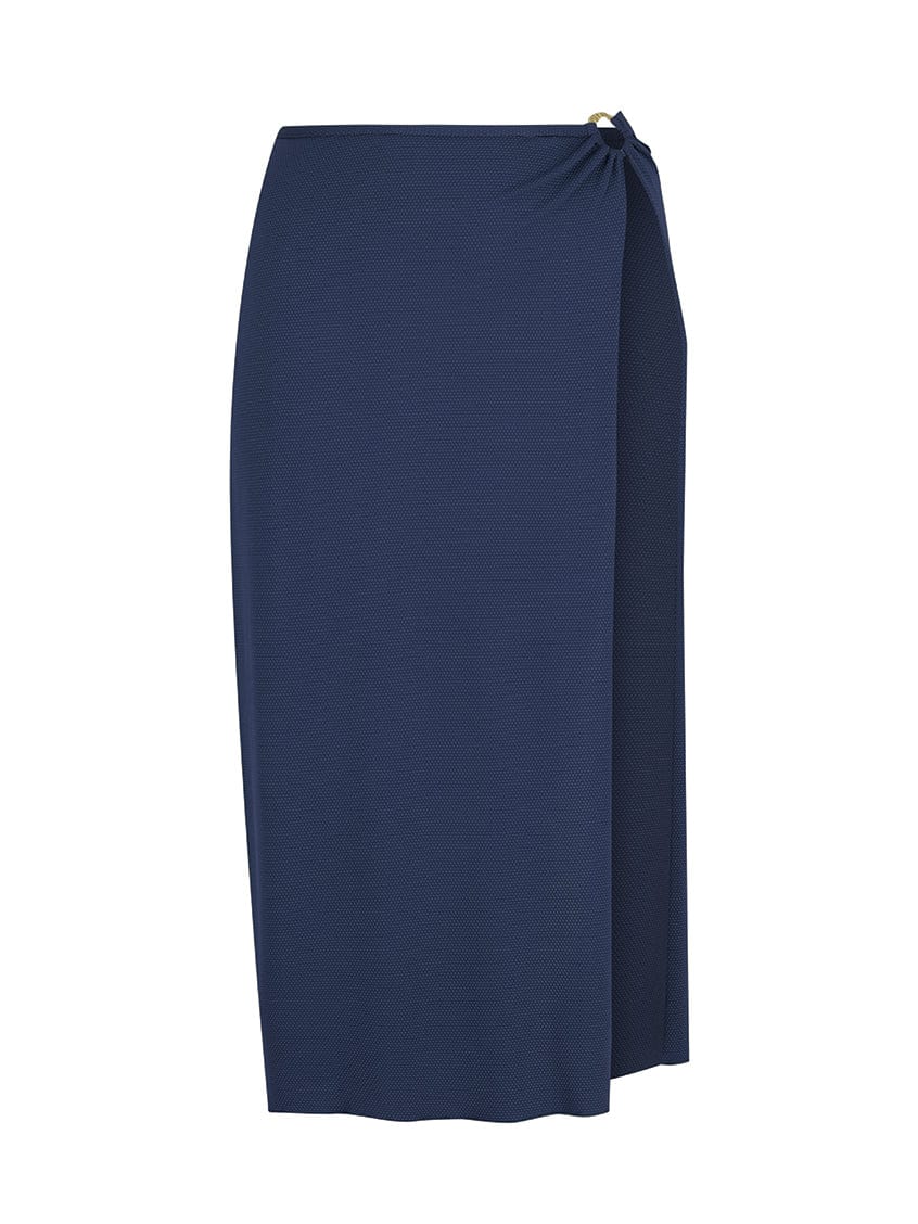 honey comb textured navy maxi skirt with buckle and split
