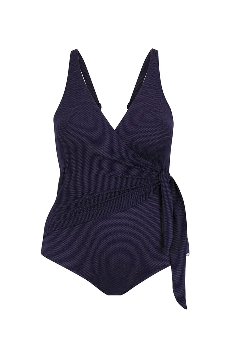 navy honey comb waist tie one piece swimsuit