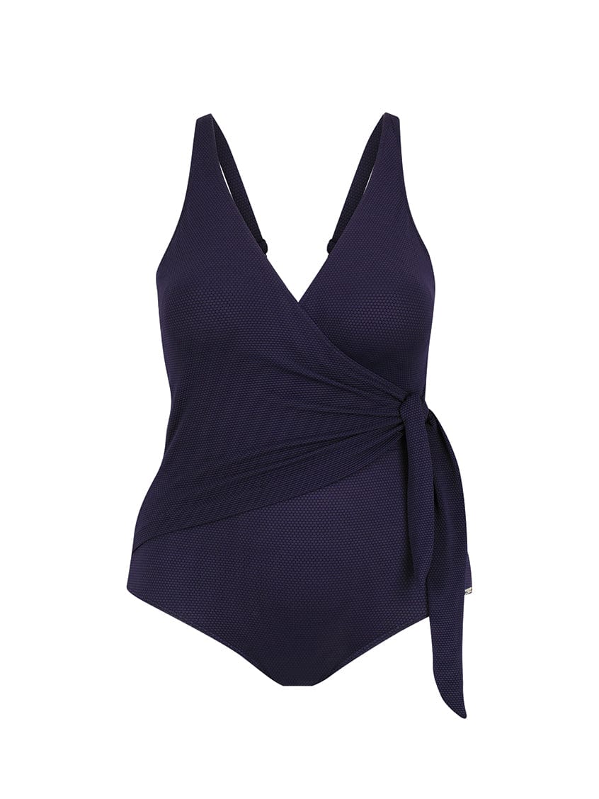navy honey comb waist tie one piece swimsuit