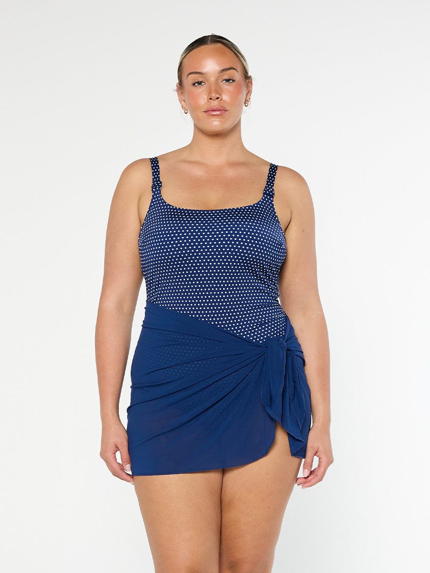 model wearing navy mesh tie side skirt