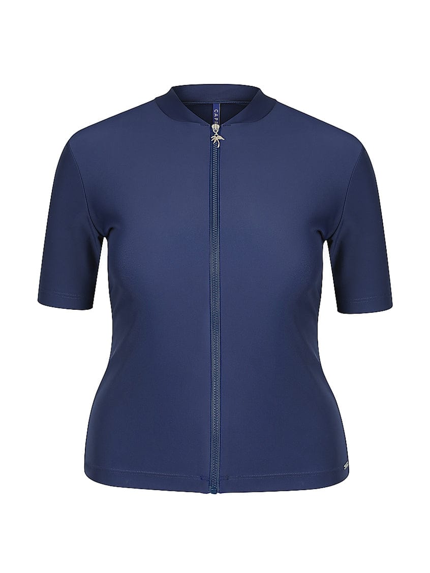 ghost mannequin image of navy blue short sleeve rash vest with full length zip front