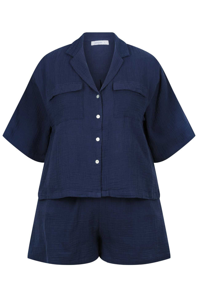 ghost mannequin navy short sleeve cotton crepe lounge wear set with button down front detail