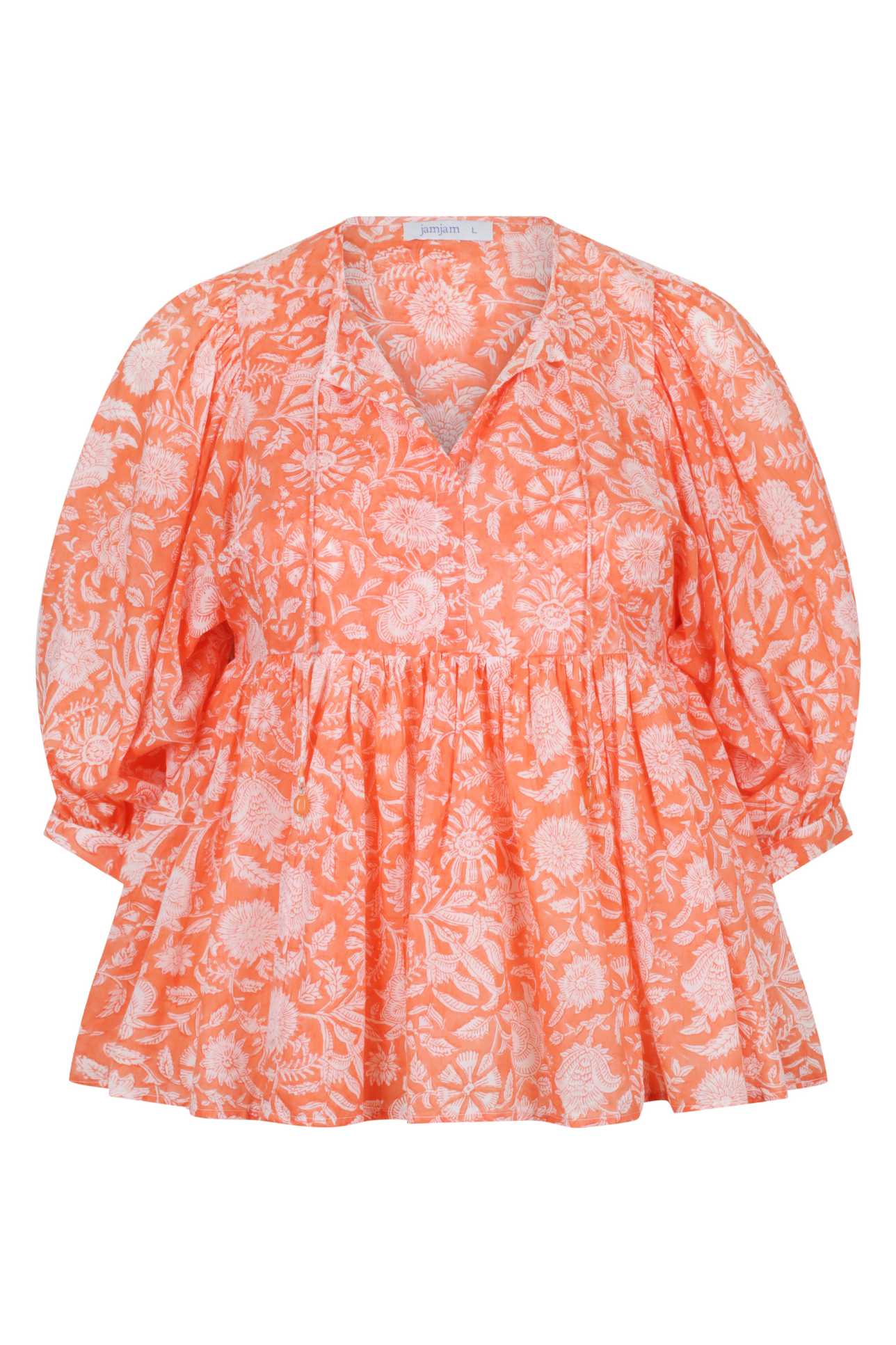 ghost mannequin peach and white cotton block printed shirt with puff sleeves