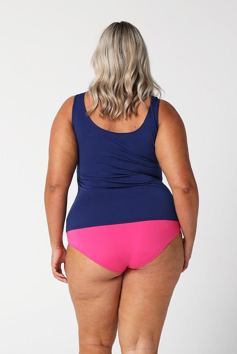 model showing back of hot pink full coverage swim bottom