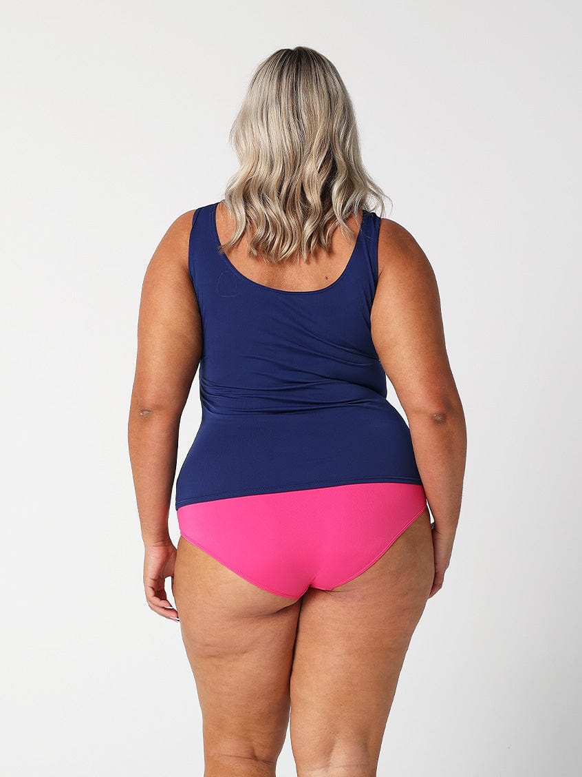 model showing back of hot pink full coverage swim bottom