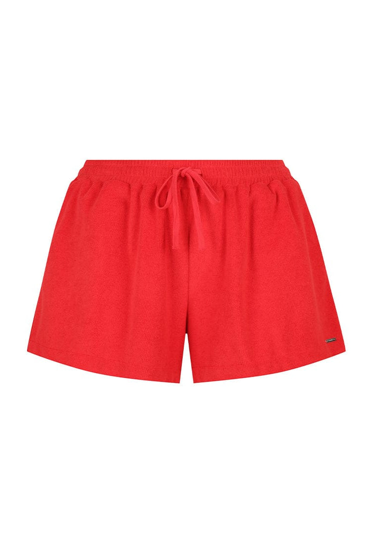 Red shorts with a drawstring on a white background
