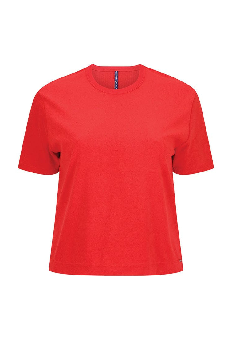 Red t-shirt with a brand logo on a white background