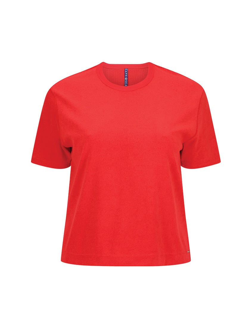 Red t-shirt with a brand logo on a white background