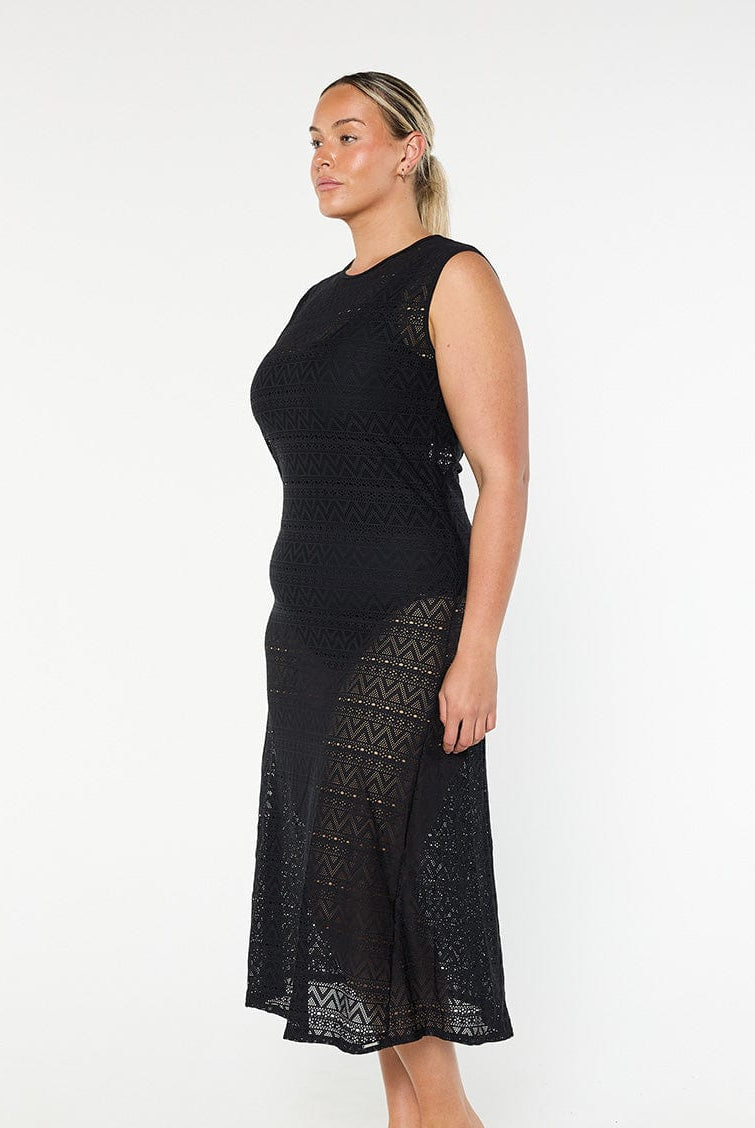 model showing side of black mesh maxi cover up
