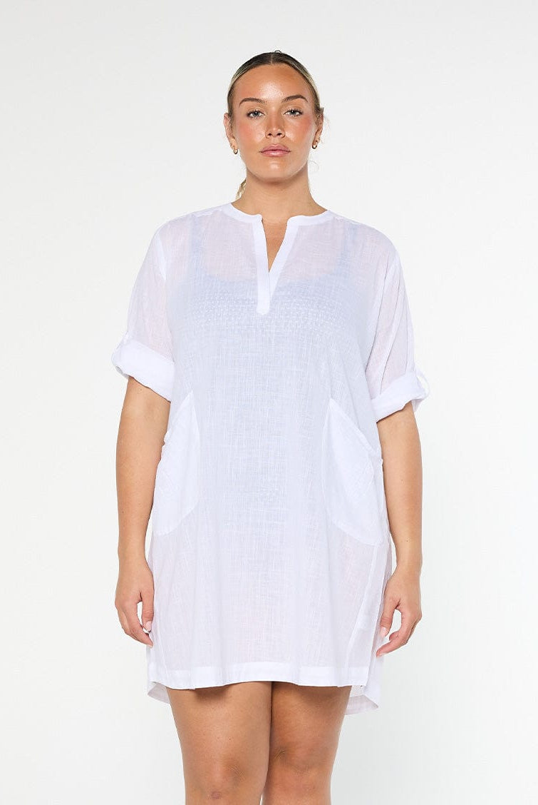 model wearing white women's over shirt