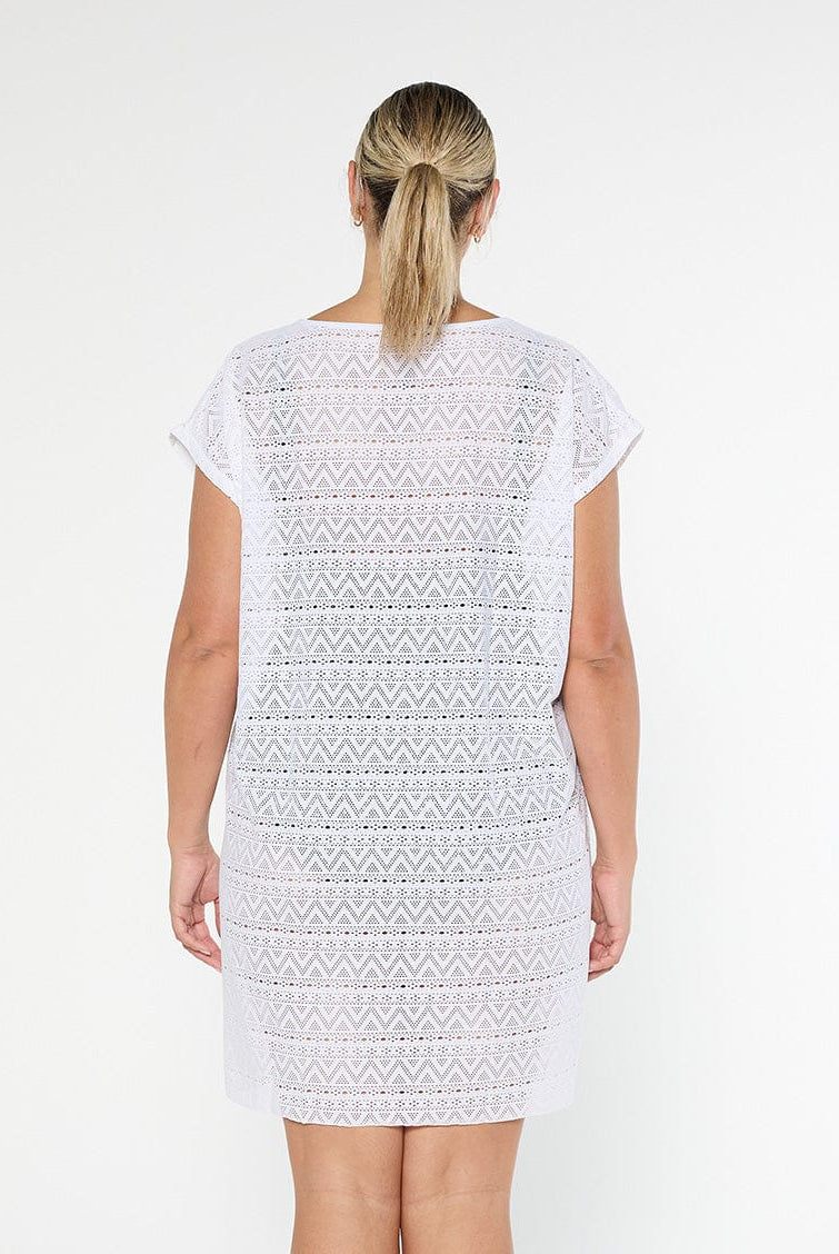 model showing back of women's white mesh cover up dress