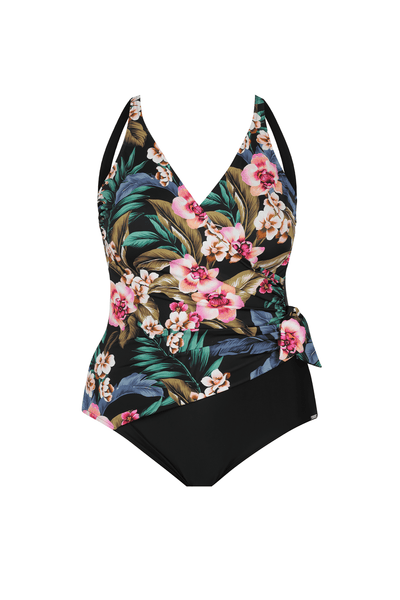 Crossover tie one piece in black floral for curve women