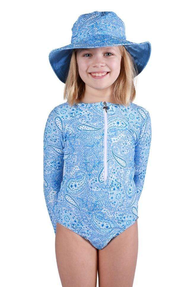 girls long sleeve sun suit blue with matching hat