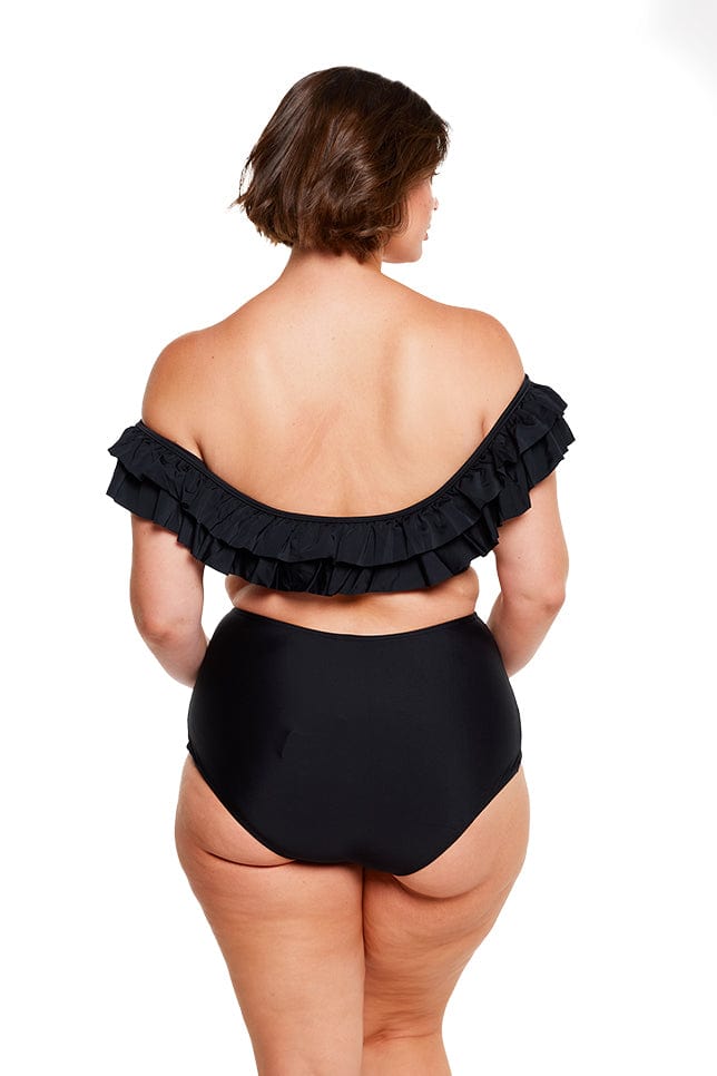 brunette women wears plus size off the shoulder bikini top with two frills