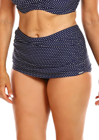 Navy & White Dots Ruched Skirted Bikini Bottoms