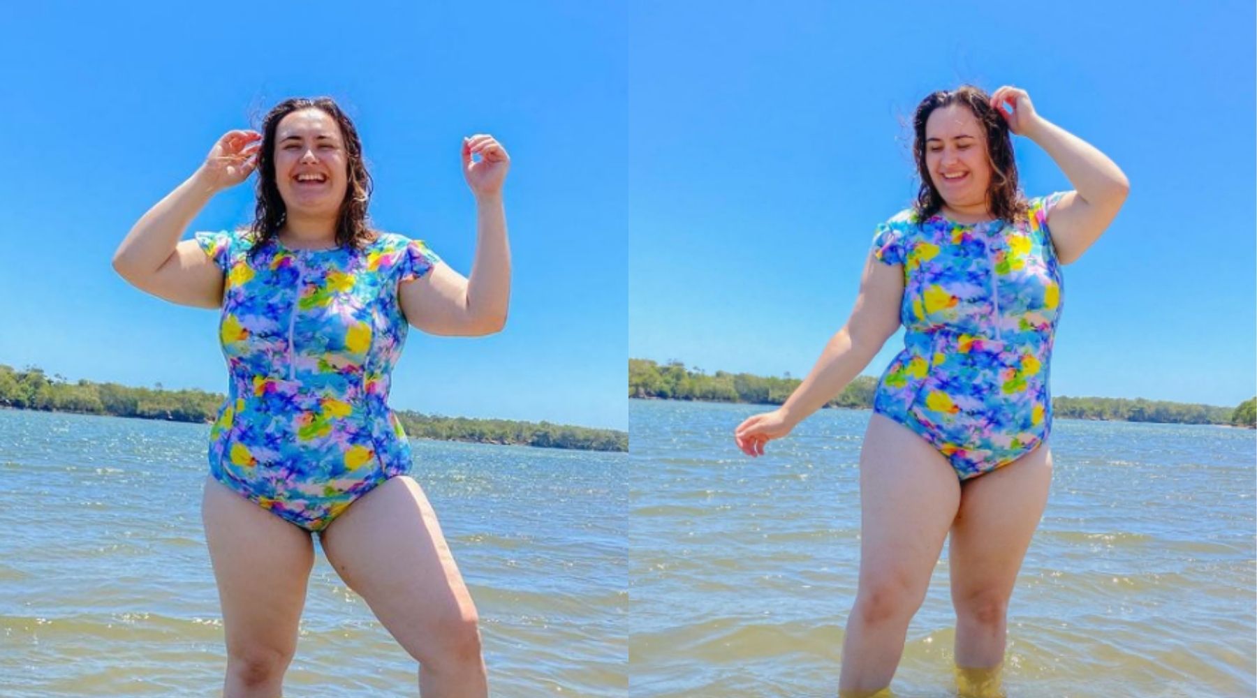 Woman wearing colourful one piece swimwear