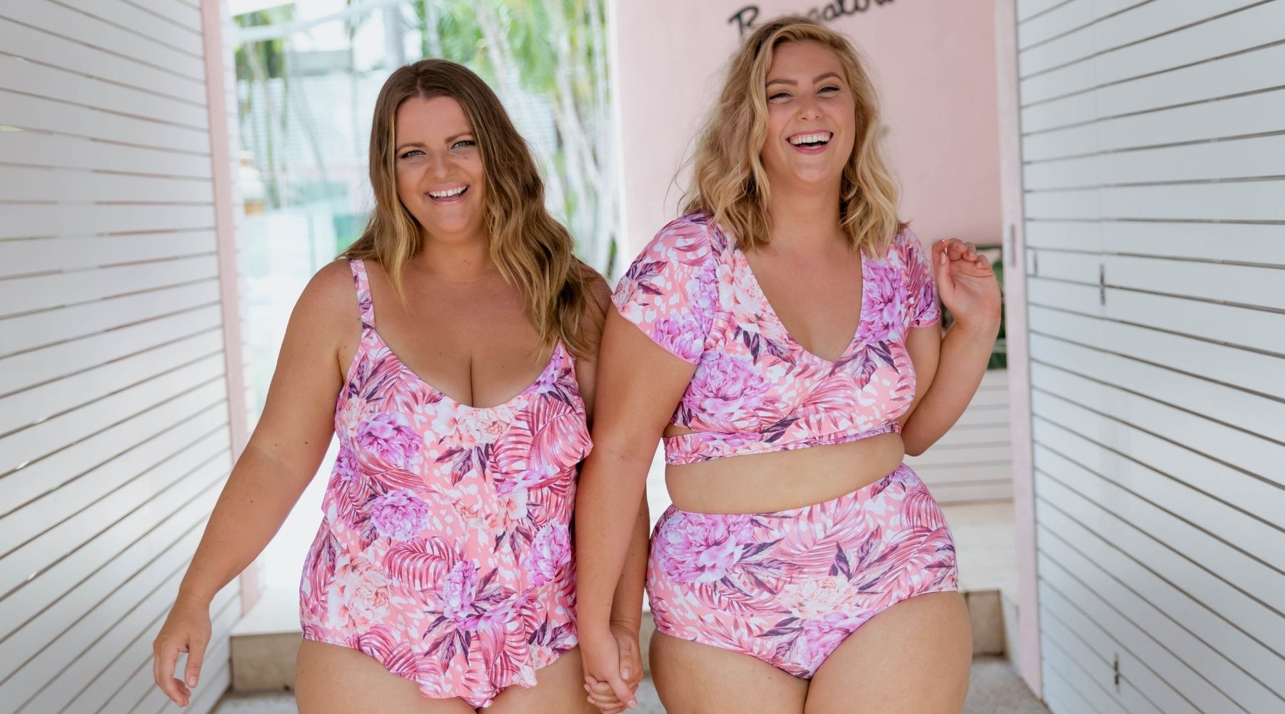 Women wearing plus size colourful swimwear