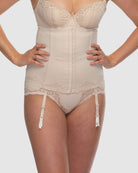 Beige corset with lace details on a plain background
