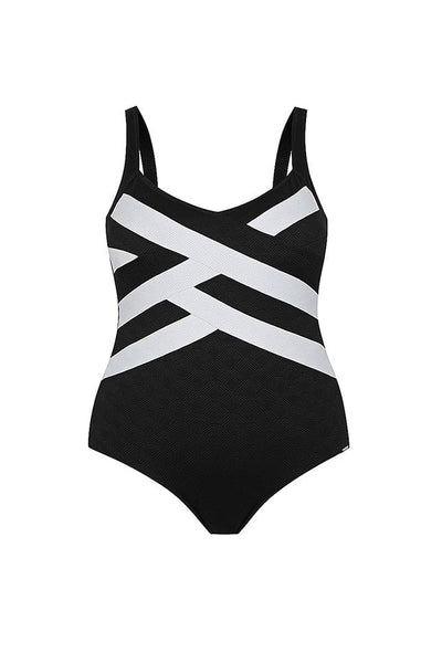 ghost mannequin image of black and white spliced criss cross designed swimsuit 