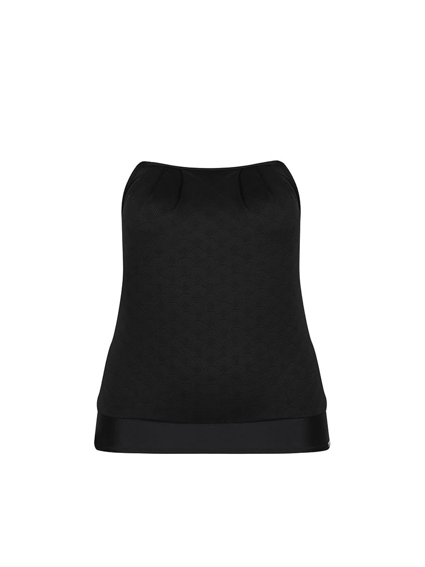 Ghost mannequin of strapless flouncy bandeau tankini top