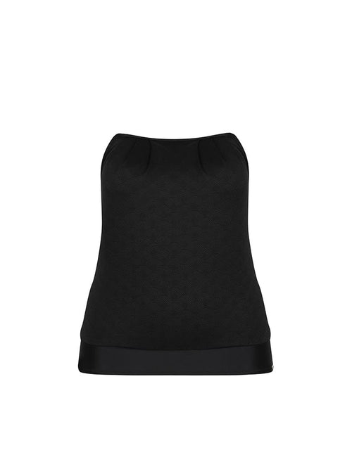 Ghost mannequin of strapless flouncy bandeau tankini top