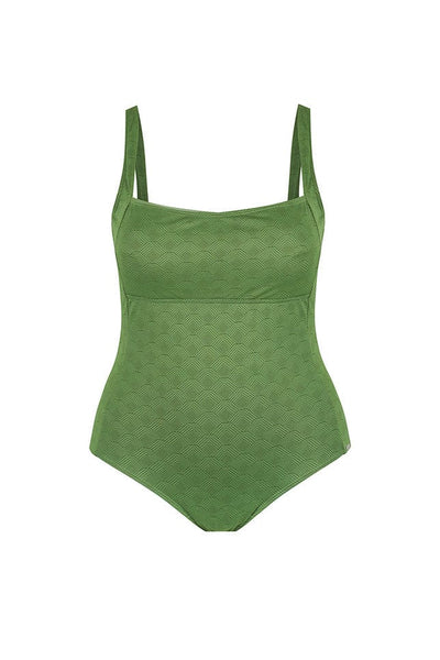 Ghost mannequin wearing olive green textured one piece swimsuit 