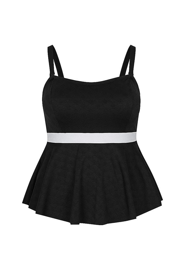 ghost mannequin image of black bandeau tankini top with white waist band and skirted bottom finishing at your hips