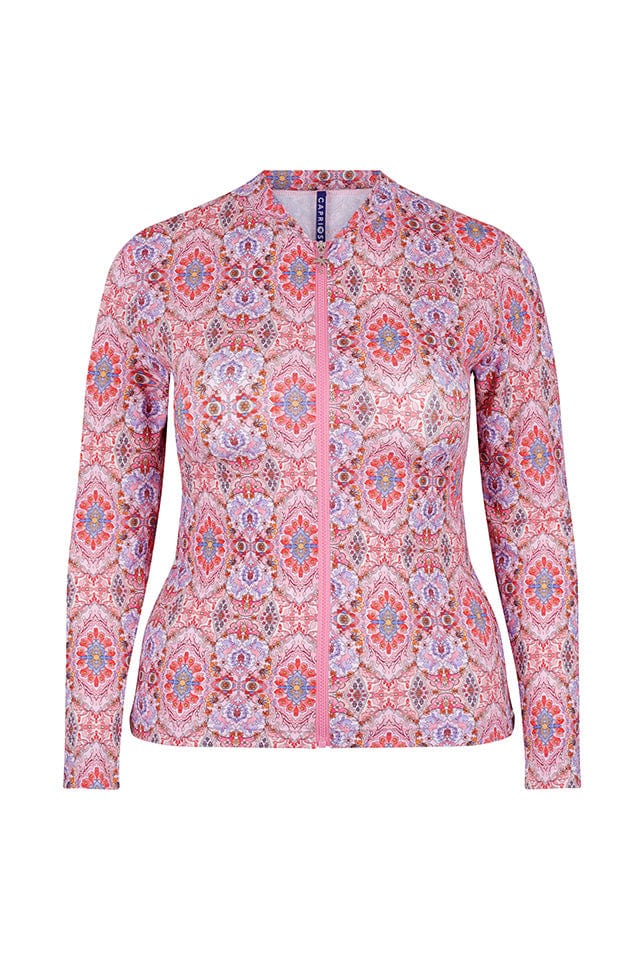 Ghost mannequin of pink boho long sleeve rash shirt with zip front detail for curvy women