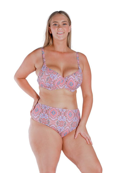 Model wearing pink printed high waisted bikini bottoms