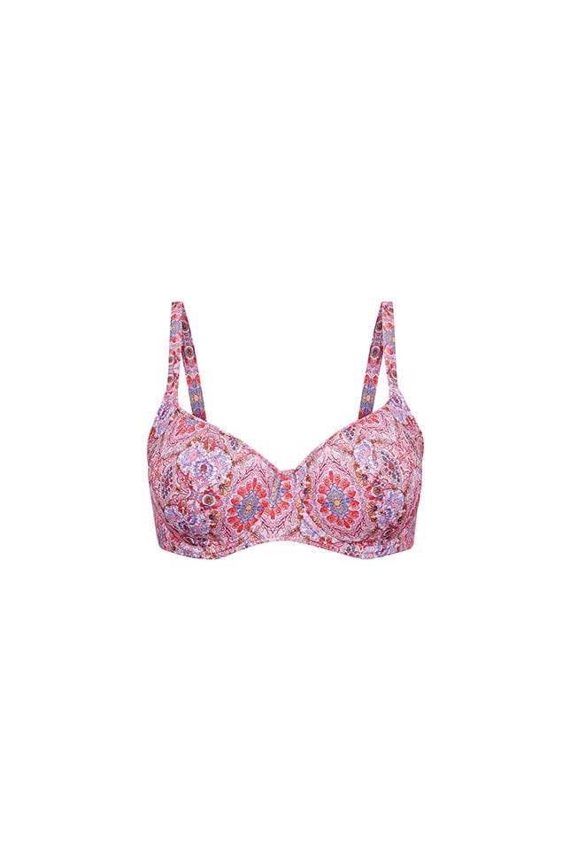 Ghost mannequin of boho pink print in flattering underwire bikini top for curve women