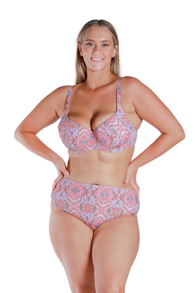 Model wearing pink printed underwire shaped cup bikini top 