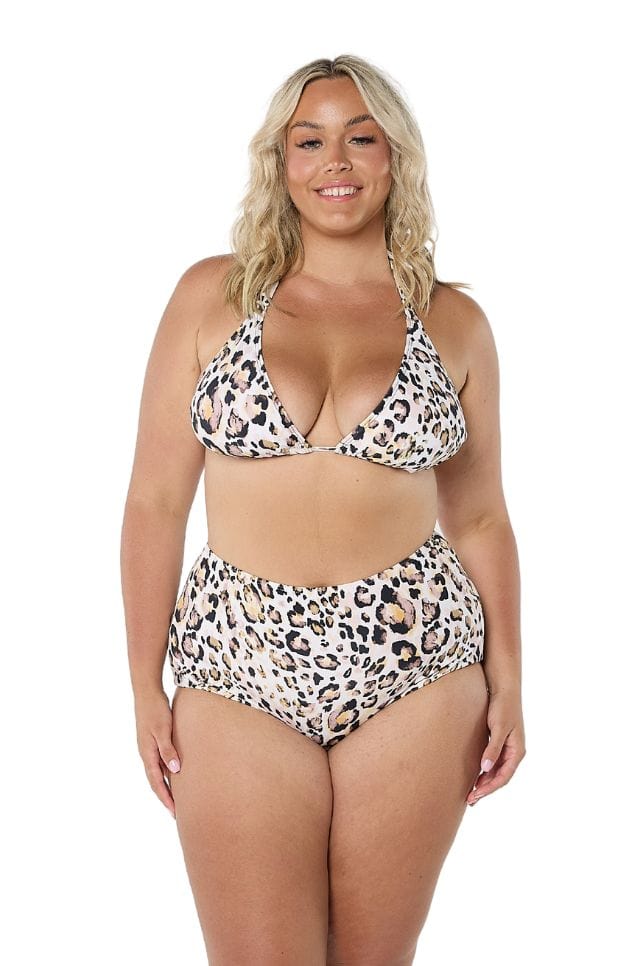 Blonde model in studio wearing flattering triangle bikini top in leopard print for curve women