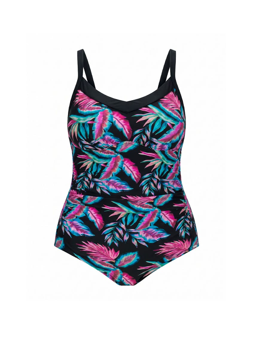 One-piece swimsuit with colorful leaf pattern on a white background