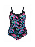 One-piece swimsuit with colorful leaf pattern on a white background