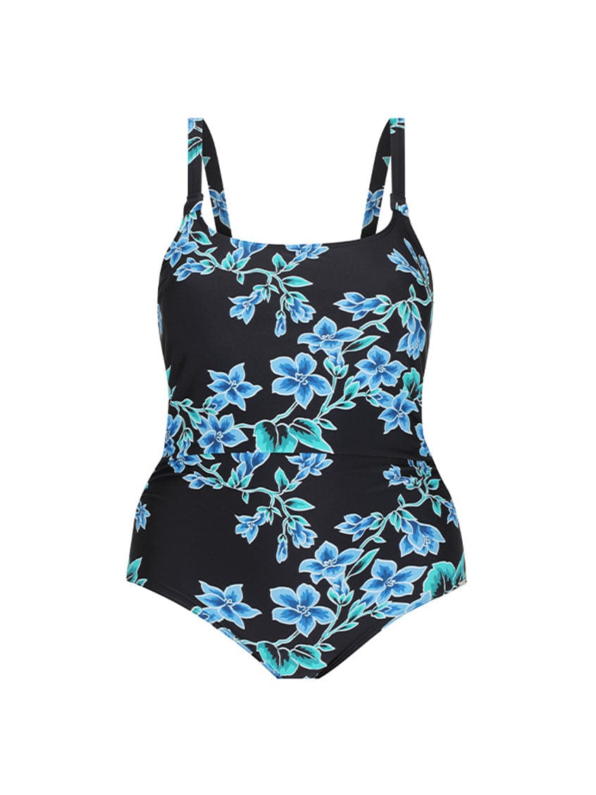 Ghost mannequin of blue floral tank one piece swimsuit