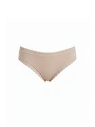 Beige lace-trimmed underwear on a white background