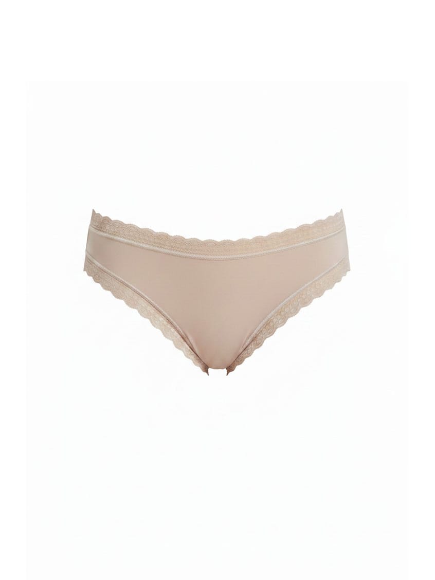 Beige lace-trimmed underwear on a white background