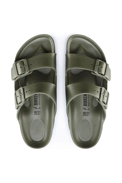 overview photo of khaki rubber flat sandal with 2 adjustable straps over the arch